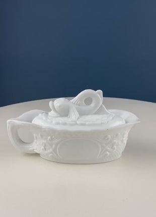 Westmoreland Milk Glass Lidded Serving Trinket Bowl with Dolphin and Celtic Motifs. White Covered Dish Storage Container for Bath Products.