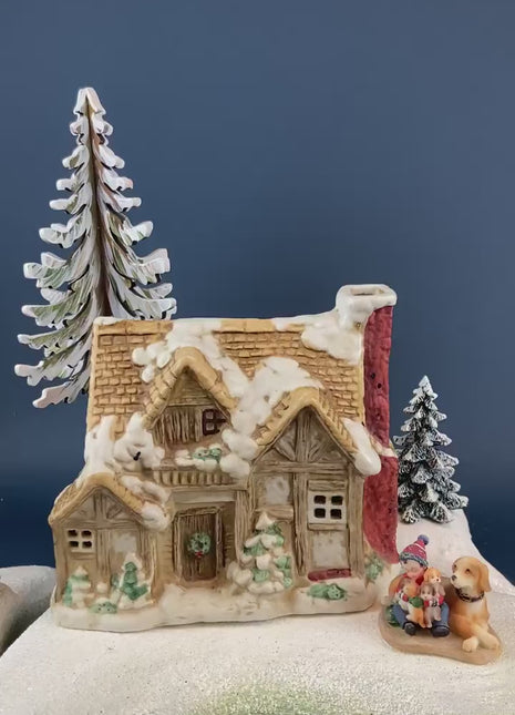 Christmas Village Rustic Cottage/Cabin with Boy & Dogs Figurine. Illuminated Porcelain Hand Painted Bldg. Home or Retail Alt. Holiday Decor.