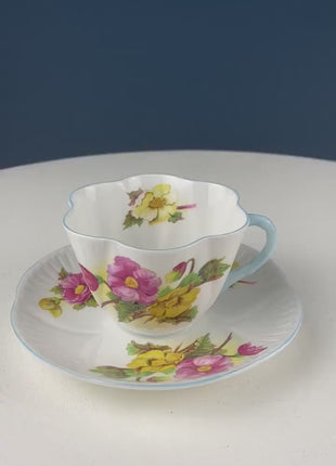 Antique Shelley Cup and Saucer with Light Blue Flowers and Handle. Beautiful, Fine Porcelain. Blue Rock Pattern. French Country Living.