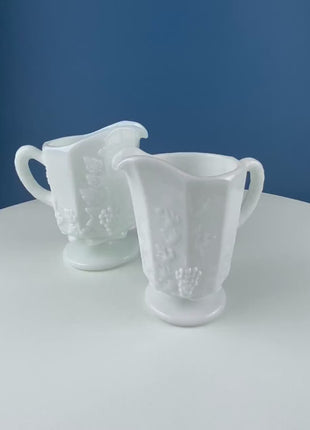 Vintage Westmoreland Milk Glass Pitchers with Vine & Grape Motif. 2 White Creamers.  Dining Room Table Decor. Serveware. Gift for Him or Her