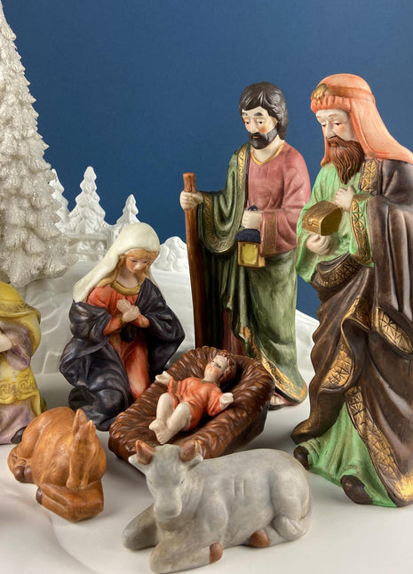 Vintage, Porcelain Nativity Set. Classic Colorful Set of Nine Statuettes. 9" Figurines. Seasonal Christmas Display. Beautifully Detailed.