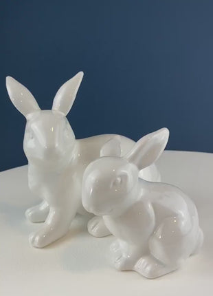 White Porcelain, Minimal Bunnies. Mom Rabbit with Two Babies.  Set of Three Figurines. Mom has Gold Lined Ears. Kids Room Decor. EasterDecor