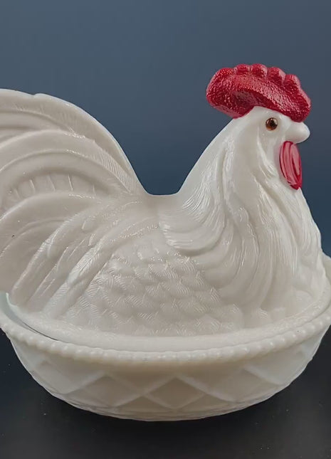 Westmoreland Rooster on Nest Covered Bowl. Large Milk Glass Lidded Dish. White with Red Details Serving Dish. Collectible Milk Glass.