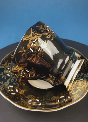 Vintage, Black & Gold Cup and Saucer. Royal Grafton Fine Bone China. Gold, Handpainted Floral Motifs. Collectible. Gift for Him or Her.