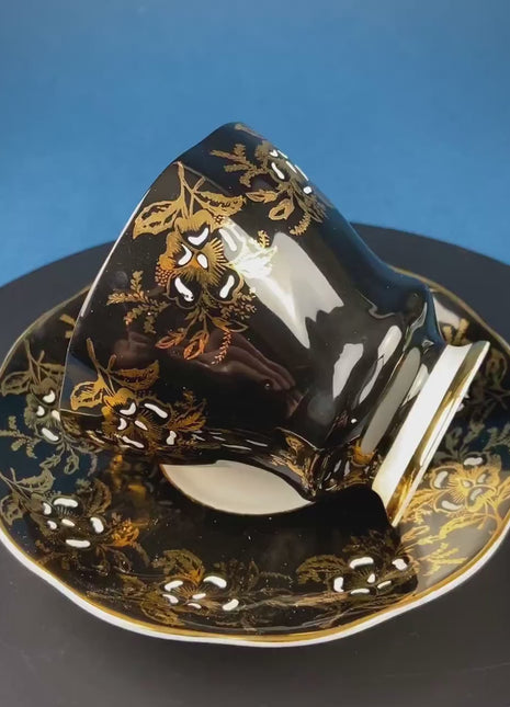 Vintage, Black & Gold Cup and Saucer. Royal Grafton Fine Bone China. Gold, Handpainted Floral Motifs. Collectible. Gift for Him or Her.