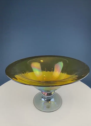 Iridescent Glass Footed Bowl. Gold and Blue, Handblown Glass, Serving Dish. One of a Kind Table Centerpiece. Captivating Kitchen Decor.