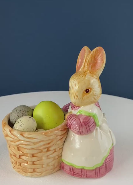 Porcelain Mom Bunny Figurine. Hand-Painted Girl Rabbit Wearing Apron and Carrying Basket. Vintage Easter Display. Kids Room.