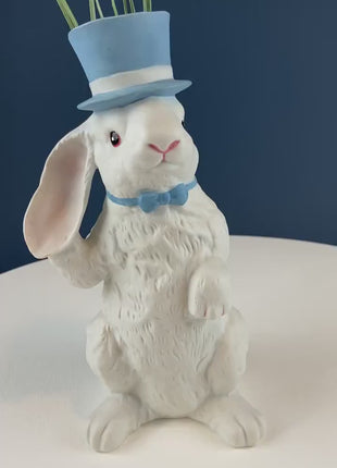 Bunny Shaped Vase. White Porcelain Rabbit Wearing Blue Top Hat and Bow Tie. Children's Room Decor. Easter/Spring Celebration.