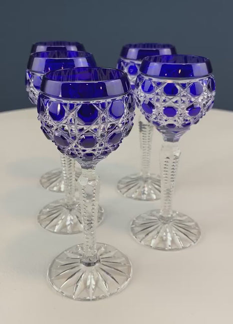 Bohemian Crystal Sweet Wine or Cordial Glasses. Set of Five Saffire to Clear Cut Crystal Stemware. Look Like Jewels. Luxury Living.