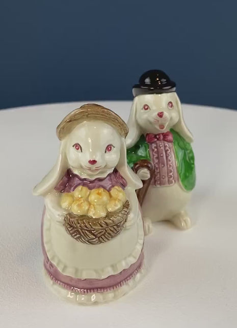Otagiri Bunny Salt & Pepper Shakers. Well Dressed Male/Female Rabbits. Hand Painted Porcelain Couple. Pair of Rabbits for Easter, Everyday.