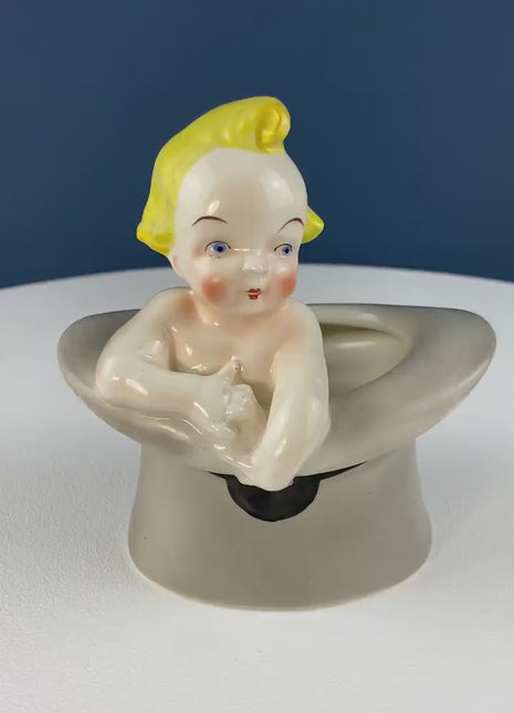Vintage Blonde Baby in Top Hat. Small Planter, Collectible Figurine, Matchstick, Q-tip Holder. Royal Crown Germany. Funny Baby Shower Gift.