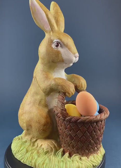 Brown Bunny Figurine with Basket Full of Multicolored Eggs. Large, Hand-Painted, Vintage Rabbit with 9 eggs. Easter Spring Display.