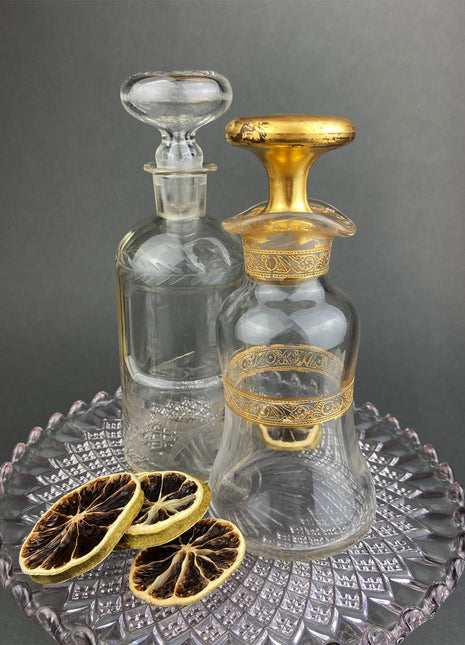 Antique Apothecary Bottles. Set of Two Victorian Rose Water Bottles. Beautifully Detailed Collectible Bottles with Stoppers. French Decor.