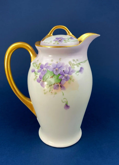 Antique Bavarian Coffee Pot. UNO Favorite, European Porcelain with Hand-Painted Violets. Fine Collectible China.