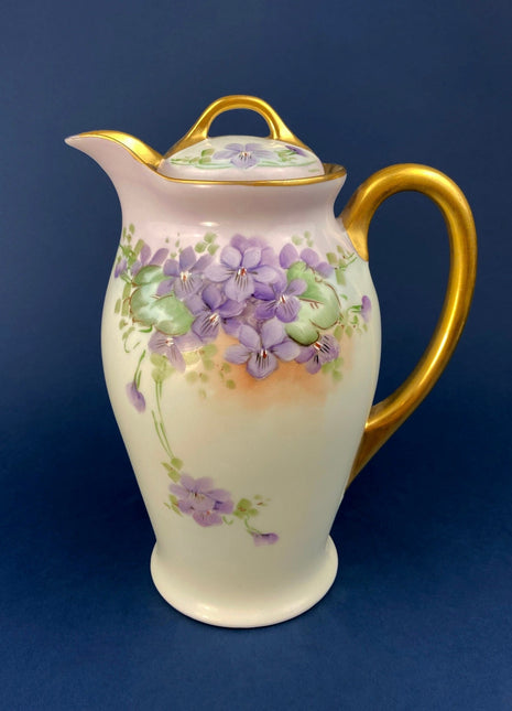 Antique Bavarian Coffee Pot. UNO Favorite, European Porcelain with Hand-Painted Violets. Fine Collectible China.