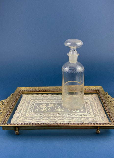 Antique Brass Dresser/Vanity Tray. Eggplant Rhinestones Around Edge. Hand Made Lace. Chic Boudoir Decor. Cottagecore Living. Perfume Rest.