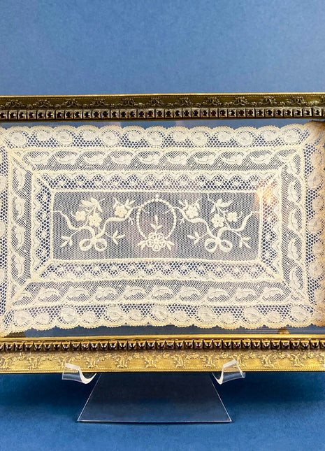 Antique Brass Dresser/Vanity Tray. Eggplant Rhinestones Around Edge. Hand Made Lace. Chic Boudoir Decor. Cottagecore Living. Perfume Rest.