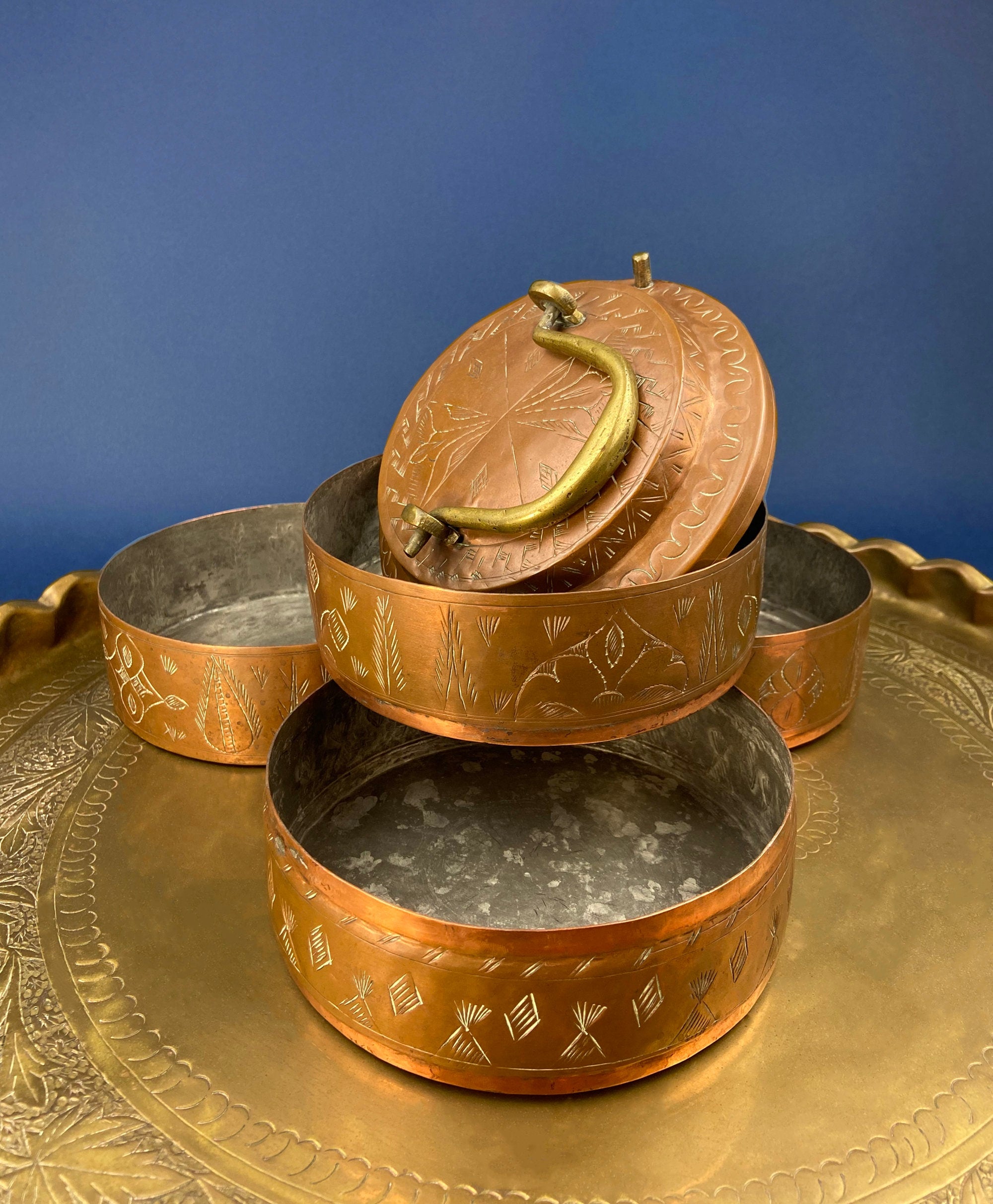 antique copper tackle box Antique 19th-century Copper and Brass Turkish 4 Stacking Bowls Lunch Box with Handle. Vintage Gifts