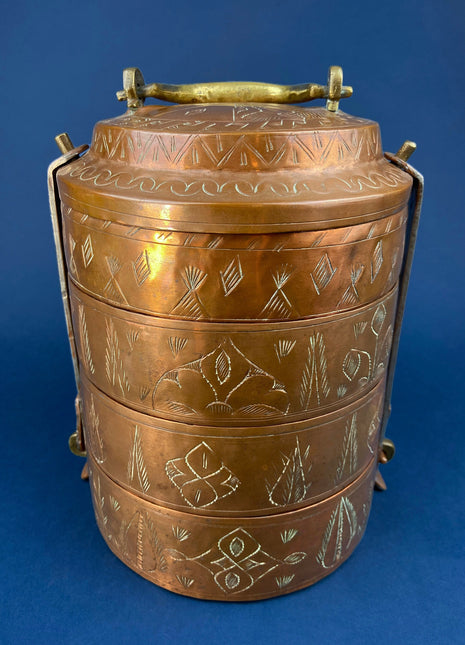 Antique Copper 4-Tiered Lunch Box. Hand-Hammered and Etched Bento Box with Brass Handle. Stackable Copper and Tin Food Carrier.
