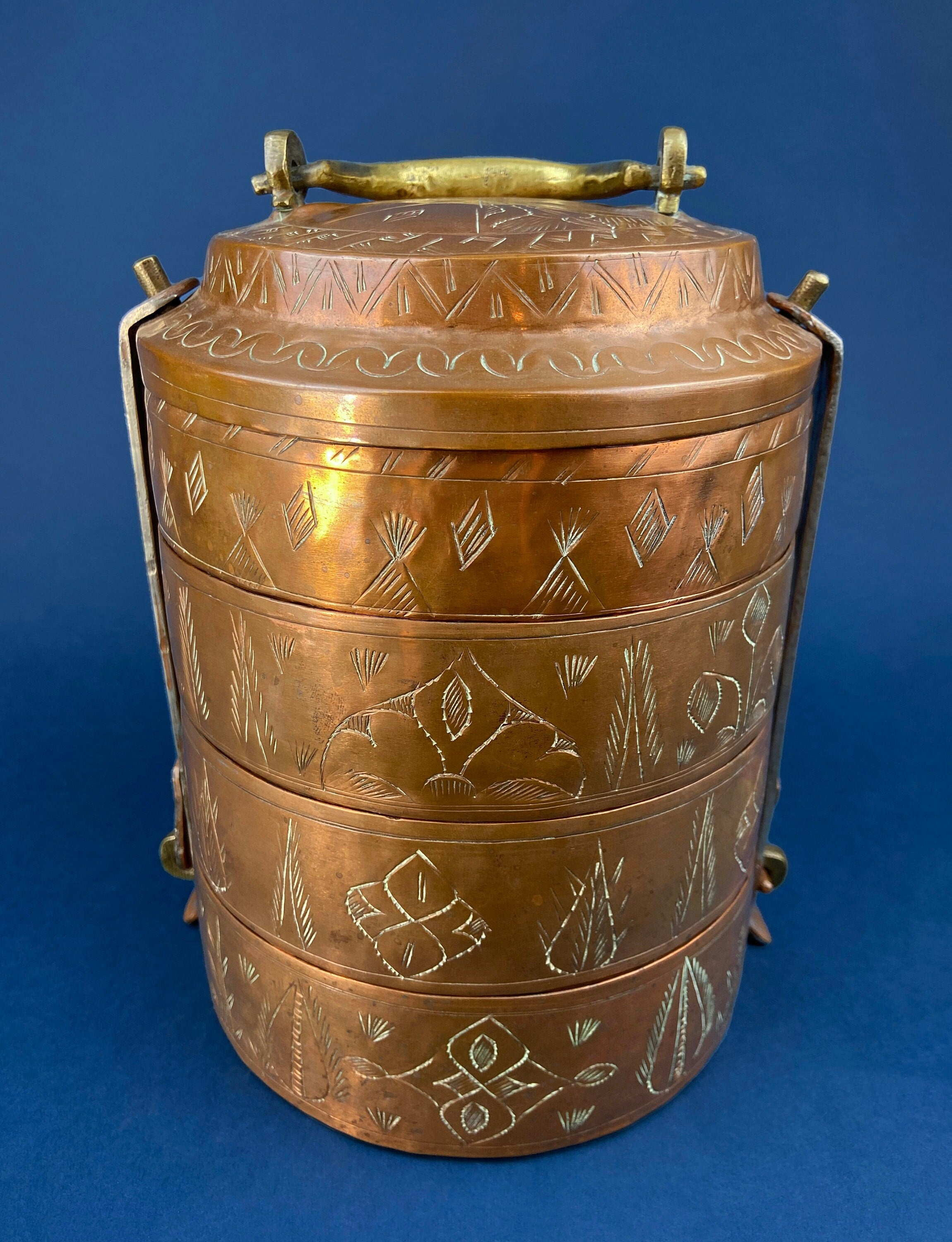 antique copper tackle box Antique 19th-century Copper and Brass Turkish 4 Stacking Bowls Lunch Box with Handle. Vintage Gifts