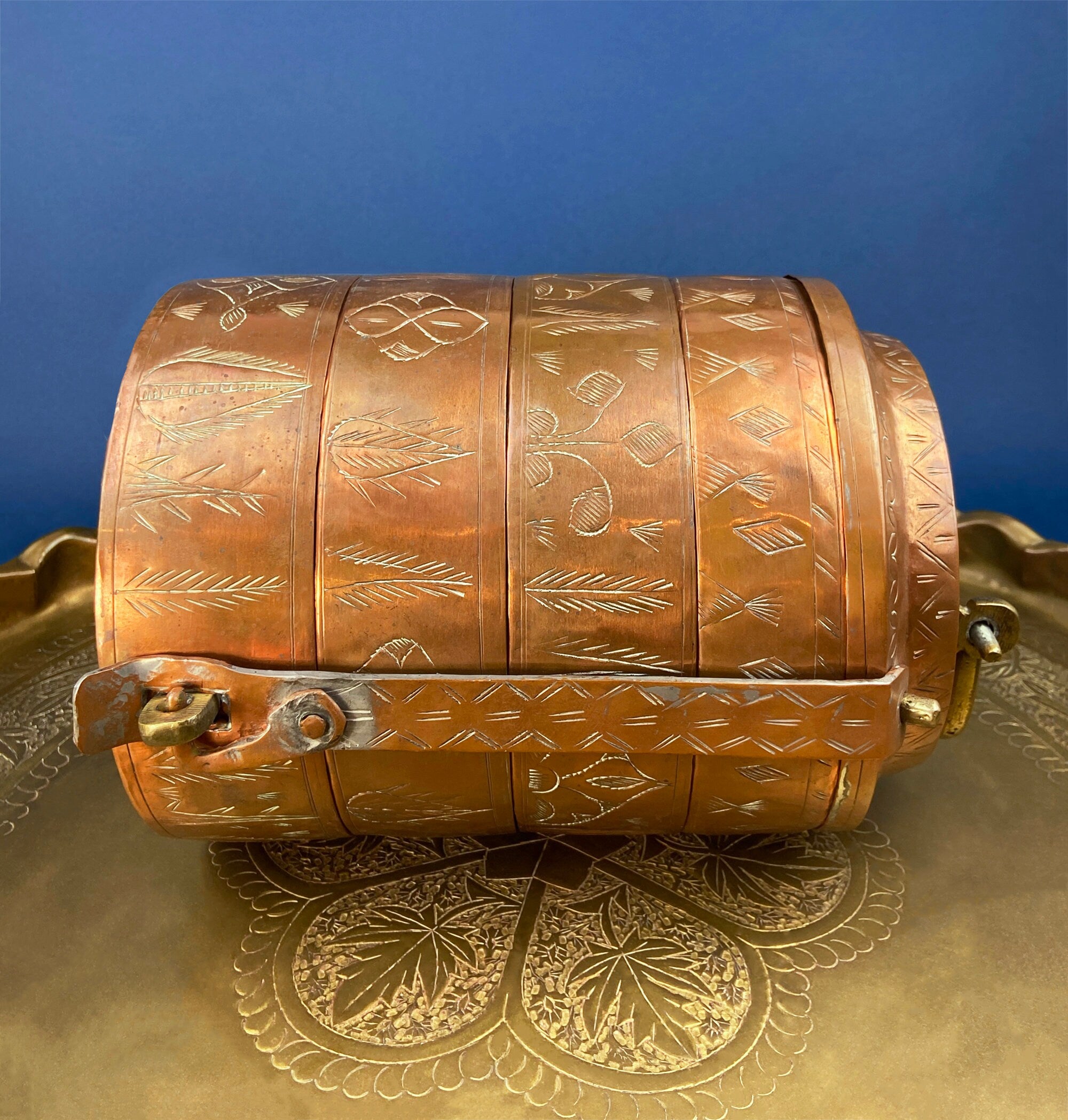 antique copper tackle box Antique 19th-century Copper and Brass Turkish 4 Stacking Bowls Lunch Box with Handle. Vintage Gifts