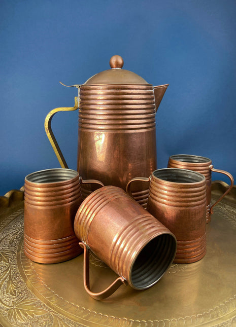 Antique Copper Pitcher and 4 Mugs. Revere Metal Ware, Rome, NY. Solid Copper with Brass Handle. Horizontal Fluting Details. Camping Gear.