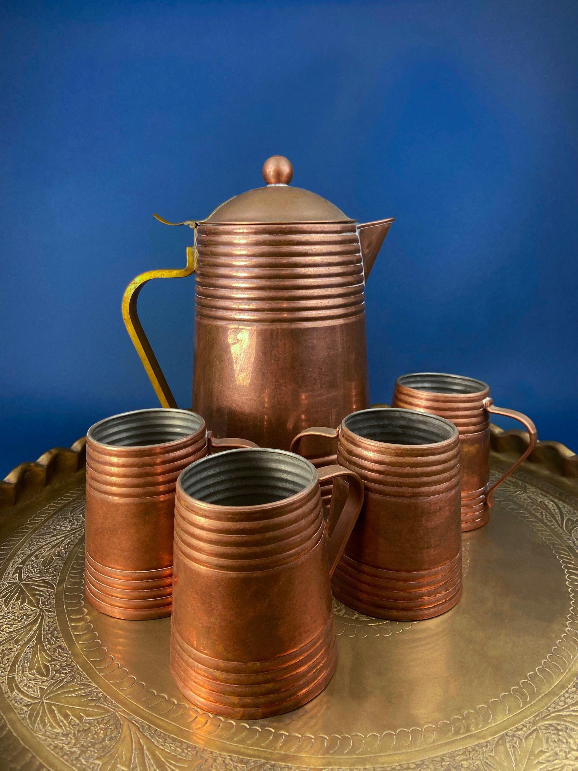 Antique Copper Pitcher and 4 Mugs. Revere Metal Ware, Rome, NY