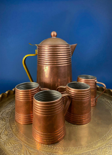 Antique Copper Pitcher and 4 Mugs. Revere Metal Ware, Rome, NY. Solid Copper with Brass Handle. Horizontal Fluting Details. Camping Gear.
