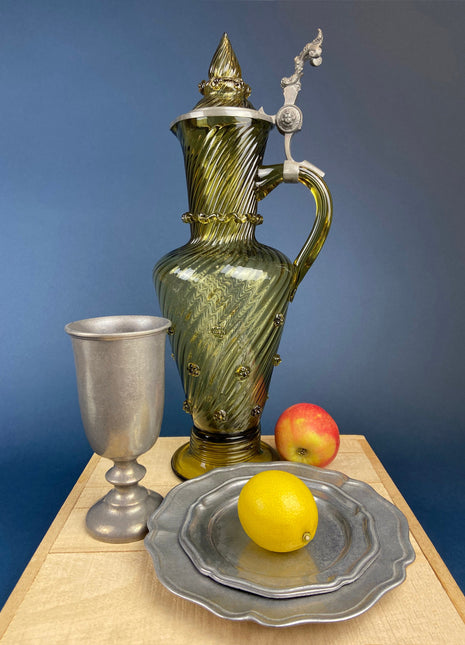 Huge Glass Pitcher with Pewter Detailing. Antique Hand Blown Large 18" German Wine or Water Jug. Rare Olive Green Color.