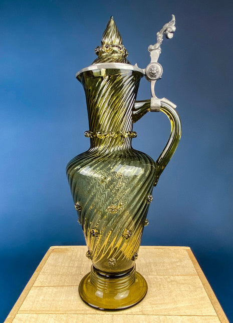 Huge Glass Pitcher with Pewter Detailing. Antique Hand Blown Large 18" German Wine or Water Jug. Rare Olive Green Color.