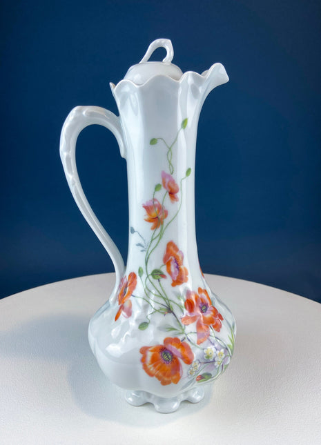 Antique Limoges Coffee Pot or Chocolate Pot. Tall 12-Inch Stunning Vase. Hand Painted Red Poppies. Beautiful Silhouette. Bohemian Chic.