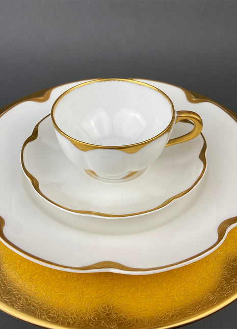 Antique Limoges Porcelain Tea Set/Trio. Tea Cup, Saucer and Salad Plate. White China with Scalloped Gold Rim, Theodore Haviland, France.