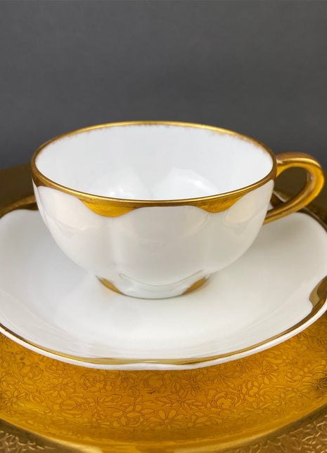 Antique Limoges Porcelain Tea Set/Trio. Tea Cup, Saucer and Salad Plate. White China with Scalloped Gold Rim, Theodore Haviland, France.