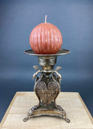 Antique Pillar Candle Holder / Silver Plated Candle Stand / Ornate Pedestal Stand with Beautiful Sculpted Birds.