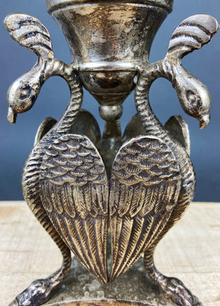 Antique Pillar Candle Holder / Silver Plated Candle Stand / Ornate Pedestal Stand with Beautiful Sculpted Birds.