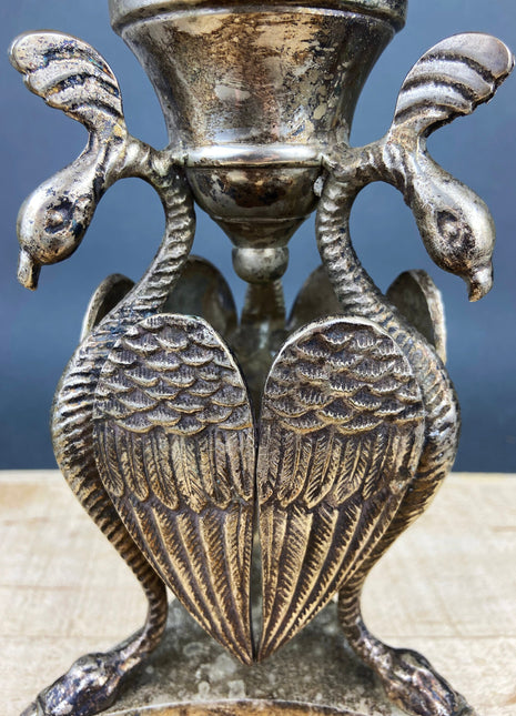 Antique Pillar Candle Holder / Silver Plated Candle Stand / Ornate Pedestal Stand with Beautiful Sculpted Birds.