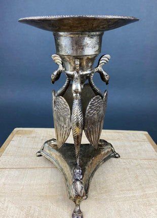 Antique Pillar Candle Holder / Silver Plated Candle Stand / Ornate Pedestal Stand with Beautiful Sculpted Birds.