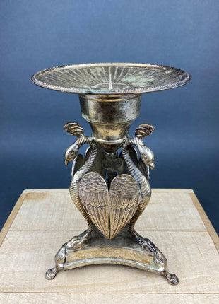Antique Pillar Candle Holder / Silver Plated Candle Stand / Ornate Pedestal Stand with Beautiful Sculpted Birds.