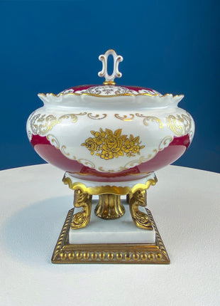 Antique Porcelain Burgundy & Gold Footed Bowl with Marble Base. Hand Painted Roses Storage Dish with Dolphin Feet. Ornate Marble Base.