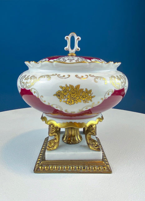 Antique Porcelain Burgundy & Gold Footed Bowl with Marble Base. Hand Painted Roses Storage Dish with Dolphin Feet. Ornate Marble Base.