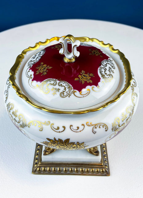 Antique Porcelain Burgundy & Gold Footed Bowl with Marble Base. Hand Painted Roses Storage Dish with Dolphin Feet. Ornate Marble Base.