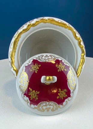 Antique Porcelain Burgundy & Gold Footed Bowl with Marble Base. Hand Painted Roses Storage Dish with Dolphin Feet. Ornate Marble Base.