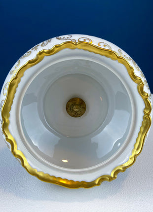 Antique Porcelain Burgundy & Gold Footed Bowl with Marble Base. Hand Painted Roses Storage Dish with Dolphin Feet. Ornate Marble Base.