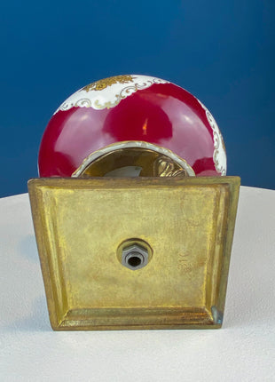 Antique Porcelain Burgundy & Gold Footed Bowl with Marble Base. Hand Painted Roses Storage Dish with Dolphin Feet. Ornate Marble Base.