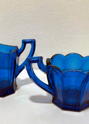 Blue Glass Creamer and Sugar Bowl by Imperial Glass / Old Williamsburg Pattern.