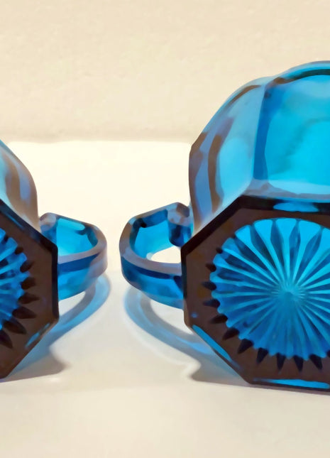 Blue Glass Creamer and Sugar Bowl by Imperial Glass / Old Williamsburg Pattern.