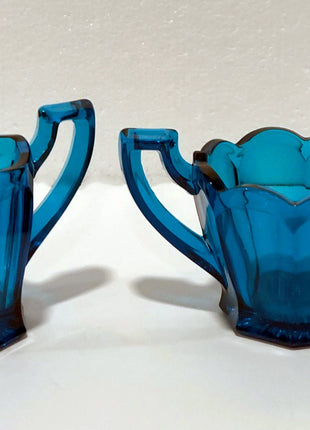 Blue Glass Creamer and Sugar Bowl by Imperial Glass / Old Williamsburg Pattern.