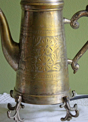 Brass Table Top Lamp.  Lamp in Shape of Tea Pot.  Hand Engraved Brass Lamp. Night Table Lamp with Four Ornate Feet.
