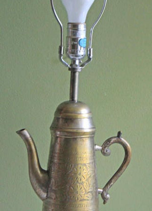 Brass Table Top Lamp.  Lamp in Shape of Tea Pot.  Hand Engraved Brass Lamp. Night Table Lamp with Four Ornate Feet.