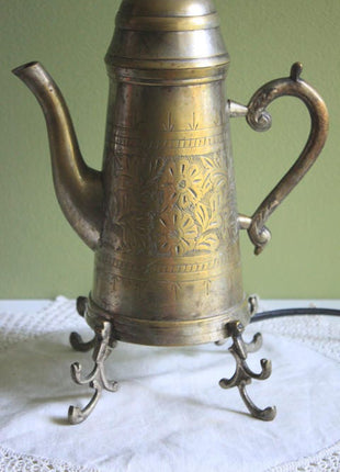 Brass Table Top Lamp.  Lamp in Shape of Tea Pot.  Hand Engraved Brass Lamp. Night Table Lamp with Four Ornate Feet.